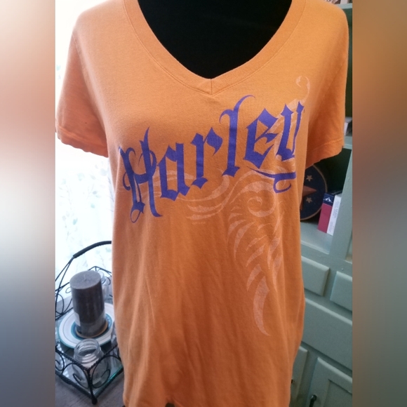 Nice Women's Harley Davidson Orange V-Neck T-Shirt Size Large - Picture 1 of 6